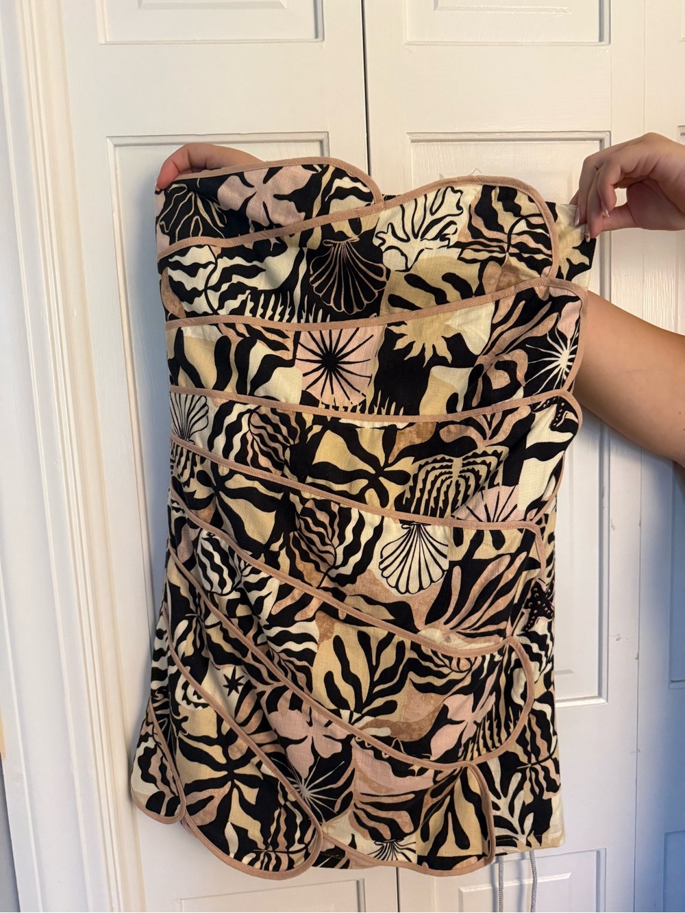 Fate Strapless Mini Dress in Black, Blush & Cream